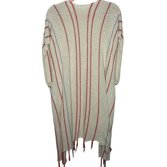 Women's cotton knit ivory stripe fringe boho duster cover up size s/m - Picture 2 of 9
